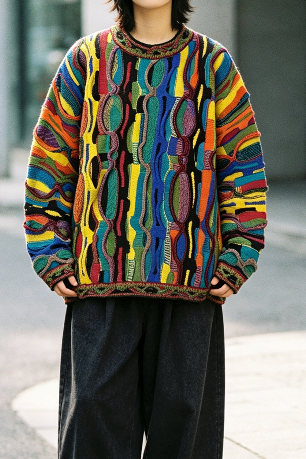 Pop Contrast Hip Hop Ethnic Knit Pullover – Vintage Loose – Japanese vintage | fall outfits 2026 | fall winter outfits | classy winter outfits | lazy comfy outfits | japanese streetwear | vintage workwear | yamalin clothes | Yamalinclothes