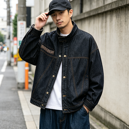 Vintage Ethnic Jacquard Denim Jacket – Oversized Unisex Embroidered Trucker Coat