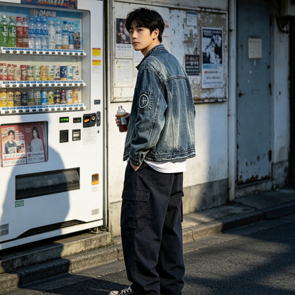 American Vintage Distressed Denim Jacket – Oversized Unisex Trucker Coat – Japanese vintage | yamalin clothes | Yamalinclothes
