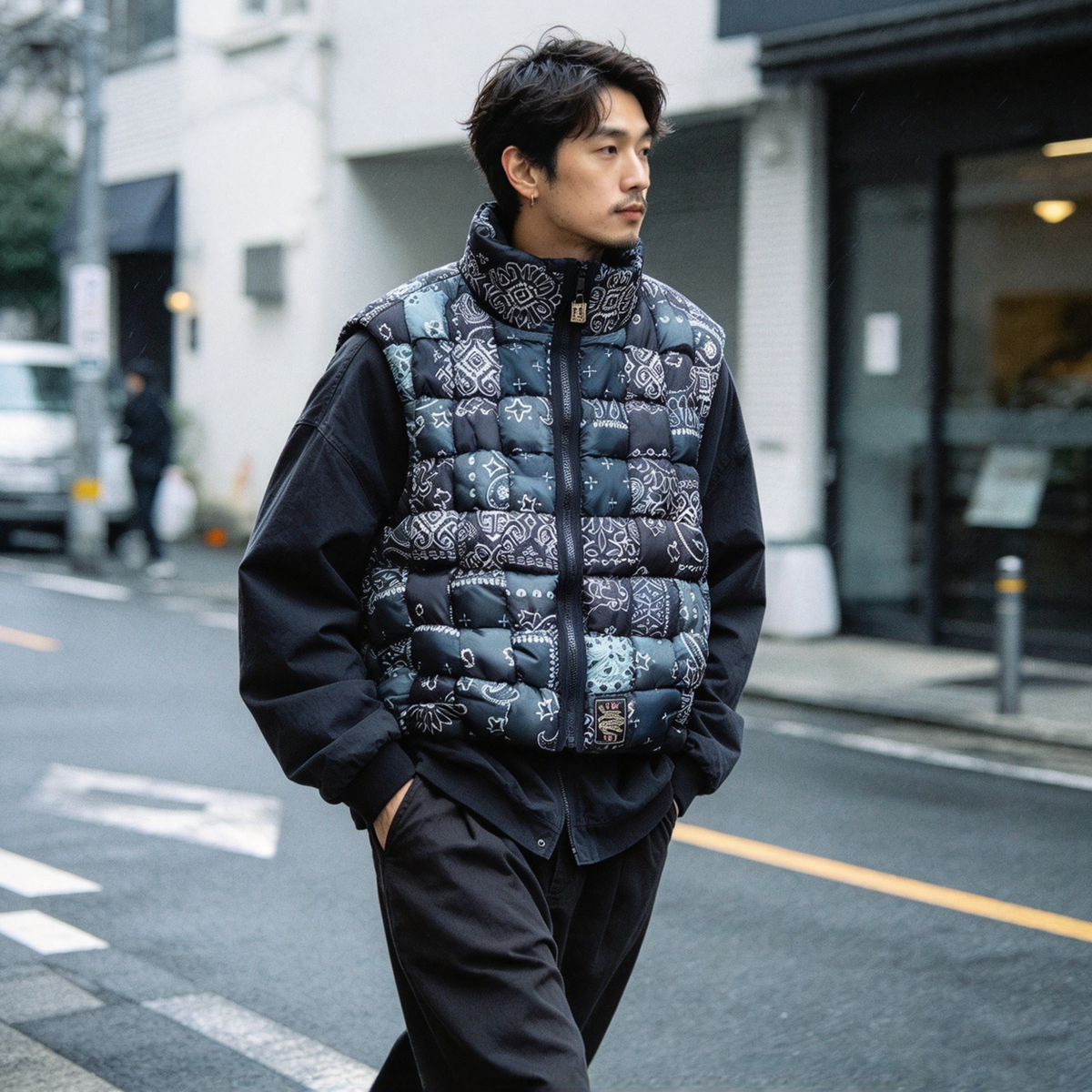 Nylon Paisley Print Down Vest – High-Neck Zip Padded Unisex – Vests | japanese streetwear | vintage workwear | unisex | Yamalinclothes