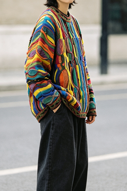 Pop Contrast Hip Hop Ethnic Knit Pullover – Vintage Loose – Japanese vintage | fall outfits 2026 | fall winter outfits | classy winter outfits | lazy comfy outfits | japanese streetwear | vintage workwear | yamalin clothes | Yamalinclothes