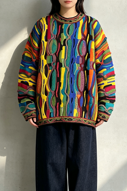 Pop Contrast Hip Hop Ethnic Knit Pullover – Vintage Loose – Japanese vintage | fall outfits 2026 | fall winter outfits | classy winter outfits | lazy comfy outfits | japanese streetwear | vintage workwear | yamalin clothes | Yamalinclothes