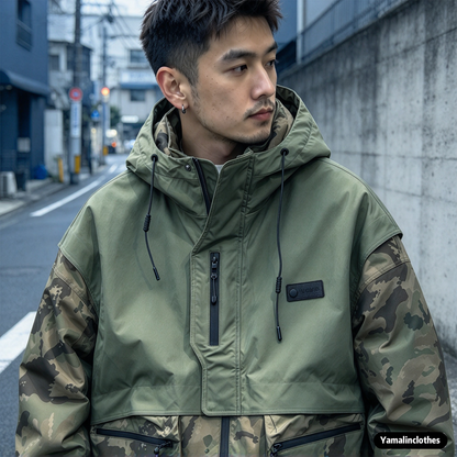 Camouflage Patchwork Hooded Down Jacket – White Duck Down Warm Loose Unisex – | japanese streetwear | vintage workwear | unisex | Yamalinclothes