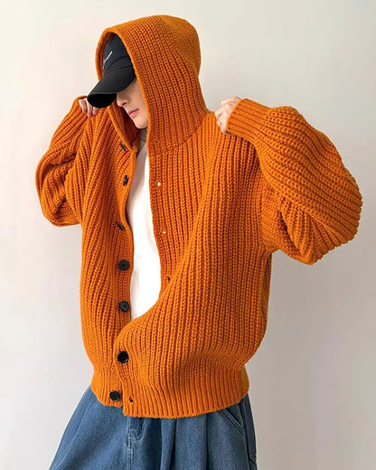 1.5KG Heavyweight Hooded Chunky Knit Button Sweater Coat – Oversized Vintage Winter – Japanese vintage | yamalin clothes | Yamalinclothes