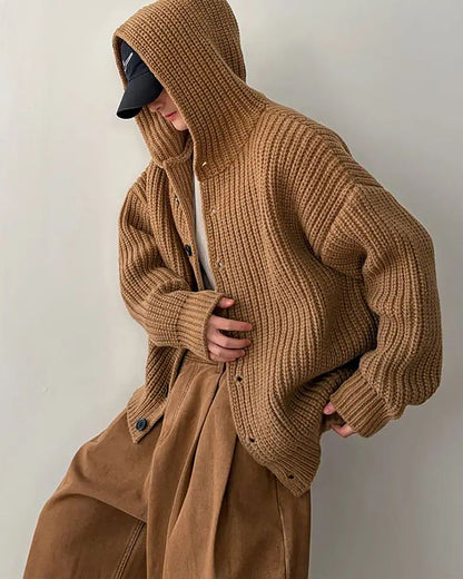 1.5KG Heavyweight Hooded Chunky Knit Button Sweater Coat – Oversized Vintage Winter – Japanese vintage | yamalin clothes | Yamalinclothes