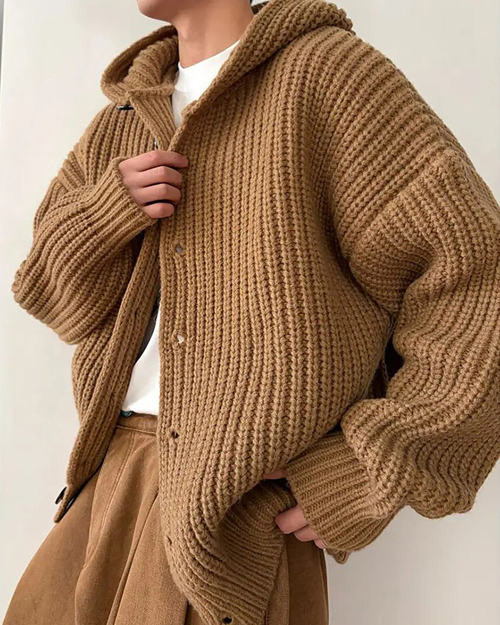 1.5KG Heavyweight Hooded Chunky Knit Button Sweater Coat – Oversized Vintage Winter – Japanese vintage | yamalin clothes | Yamalinclothes