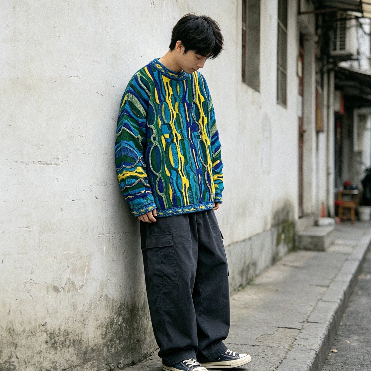 Pop Contrast Hip Hop Ethnic Knit Pullover – Vintage Loose – Japanese vintage | fall outfits 2026 | fall winter outfits | classy winter outfits | lazy comfy outfits | japanese streetwear | vintage workwear | yamalin clothes | Yamalinclothes