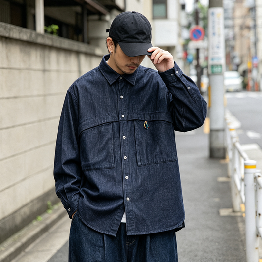 Vintage Washed Denim Shirt Jacket – Oversized Unisex Japanese Streetwear Chore Coat – Japanese vintage | yamalin clothes | Yamalinclothes