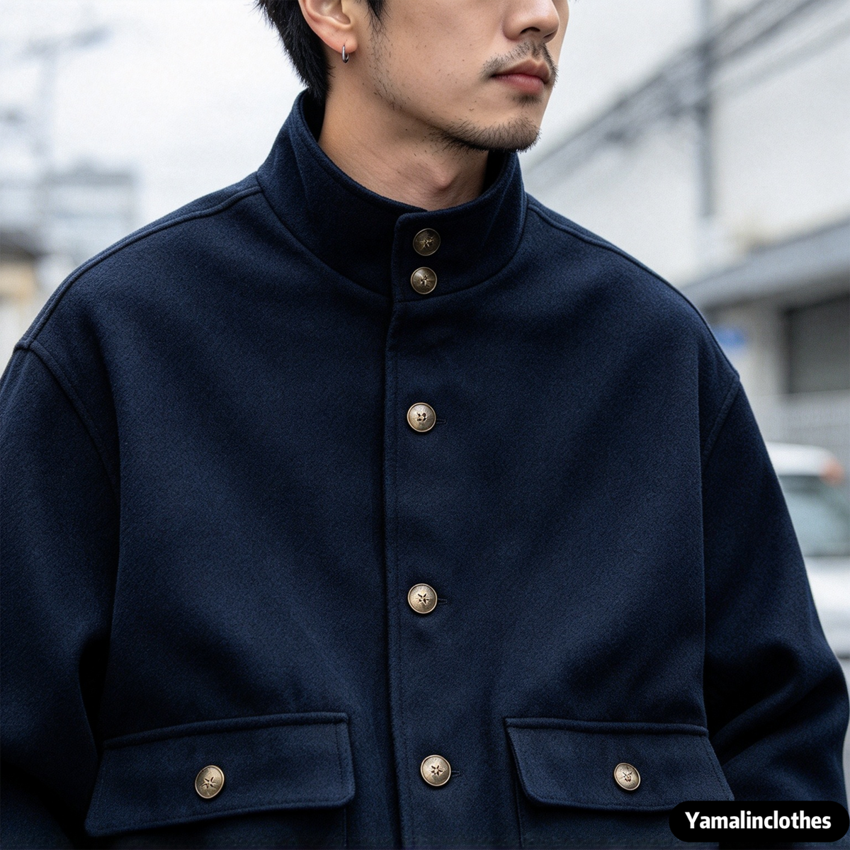 Wool Blend Stand Collar Utility Jacket – American Vintage Minimalist Loose Unisex – Coats Jackets | japanese streetwear | vintage workwear | unisex | Yamalinclothes
