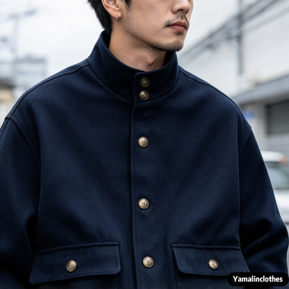 Wool Blend Stand Collar Utility Jacket – American Vintage Minimalist Loose Unisex – Coats Jackets | japanese streetwear | vintage workwear | unisex | Yamalinclothes