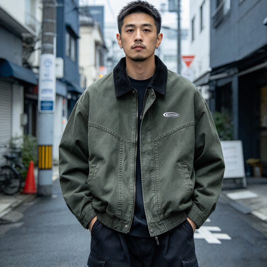Washed Distressed Color-Block Lapel Jacket – American Vintage Loose Unisex – | japanese streetwear | vintage workwear | unisex | Yamalinclothes