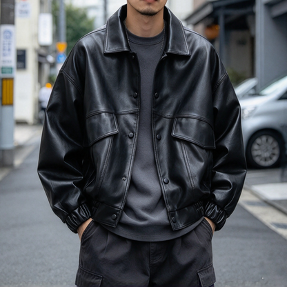 Badge Embroidered PU Leather Biker Jacket – Oversized Unisex | Yamalin clothes | Vintage workwear outfit for men