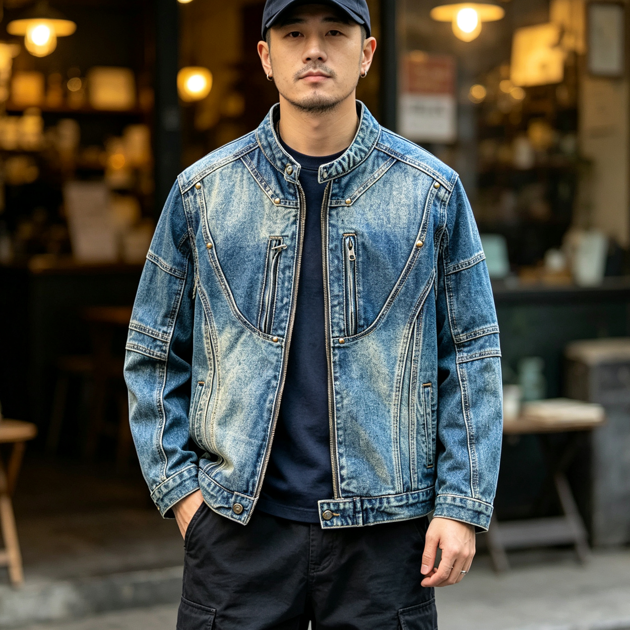 American Utility Stand-Collar Zipper Denim Jacket – Vintage Oversized Men’s Trucker Coat