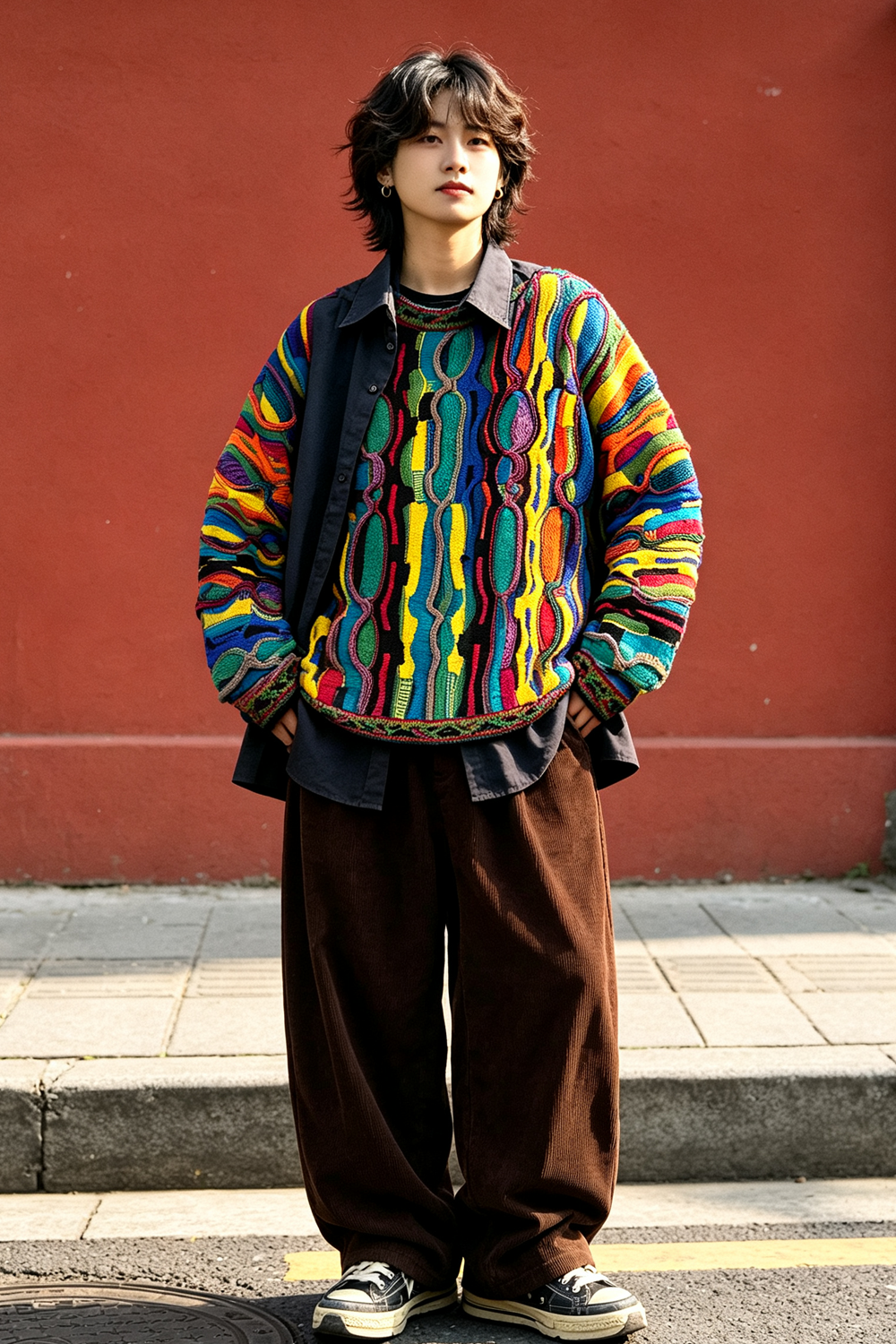 Pop Contrast Hip Hop Ethnic Knit Pullover – Vintage Loose – Japanese vintage | fall outfits 2026 | fall winter outfits | classy winter outfits | lazy comfy outfits | japanese streetwear | vintage workwear | yamalin clothes | Yamalinclothes