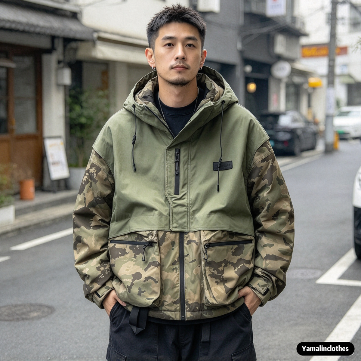 Camouflage Patchwork Hooded Down Jacket – White Duck Down Warm Loose Unisex – | japanese streetwear | vintage workwear | unisex | Yamalinclothes