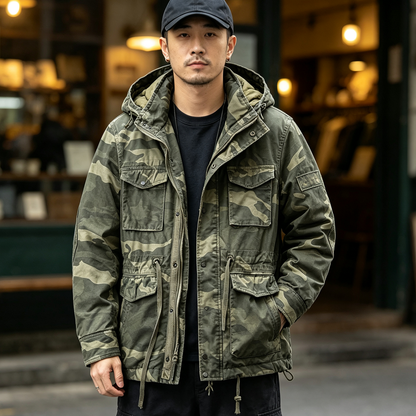 Heavy Distressed Hooded Camouflage Cargo Jacket – Oversized Cotton Outdoor Coat