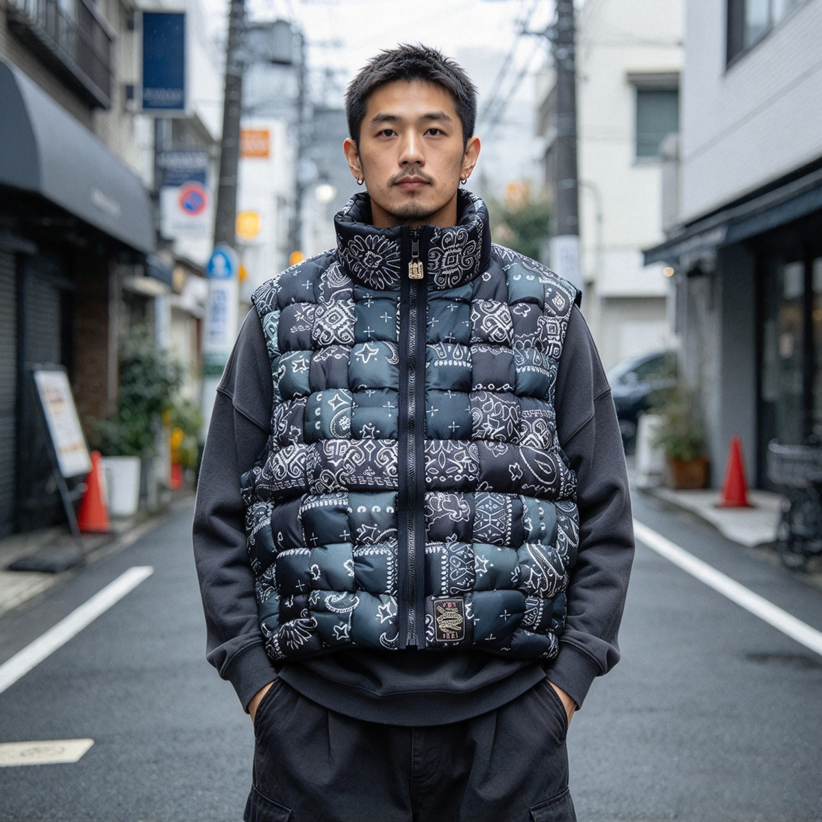 Nylon Paisley Print Down Vest – High-Neck Zip Padded Unisex – Vests | japanese streetwear | vintage workwear | unisex | Yamalinclothes