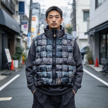 Nylon Paisley Print Down Vest – High-Neck Zip Padded Unisex – Vests | japanese streetwear | vintage workwear | unisex | Yamalinclothes