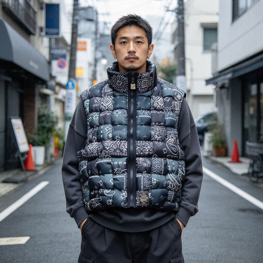 Nylon Paisley Print Down Vest – High-Neck Zip Padded Unisex – Vests | japanese streetwear | vintage workwear | unisex | Yamalinclothes