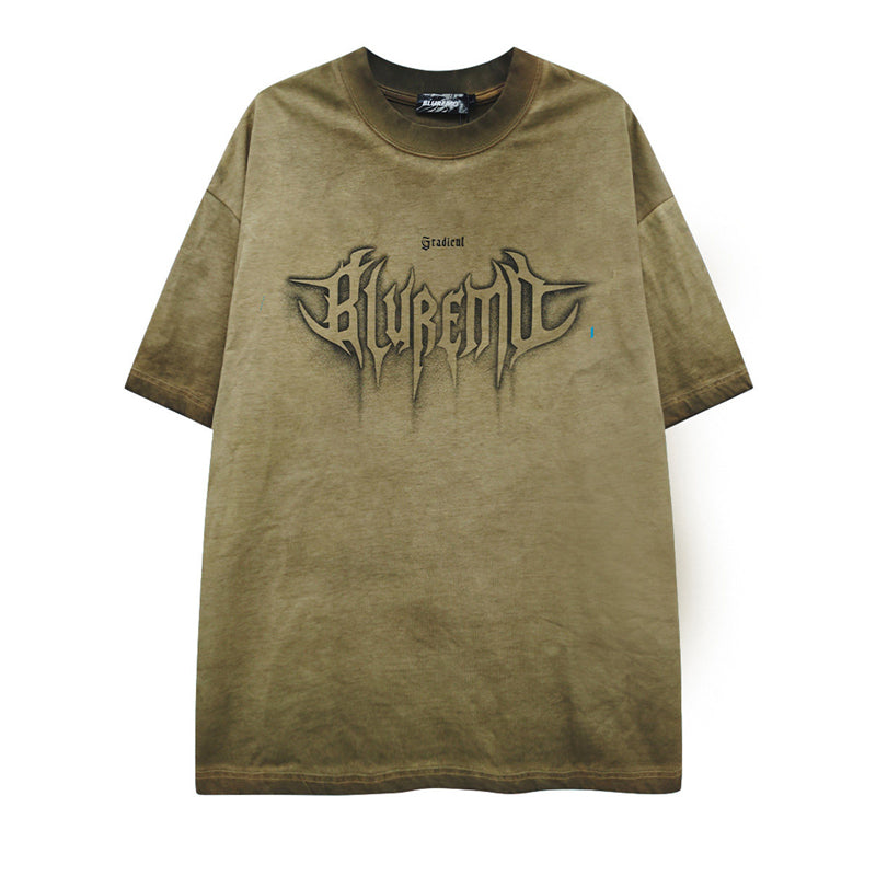 American High Street Washed Distressed Letter Print T-Shirt - Oversized Unisex Pure Cotton Short Sleeve Tee