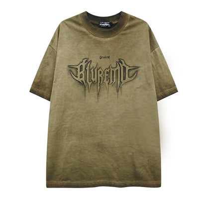 American High Street Washed Distressed Letter Print T-Shirt - Oversized Unisex Pure Cotton Short Sleeve Tee
