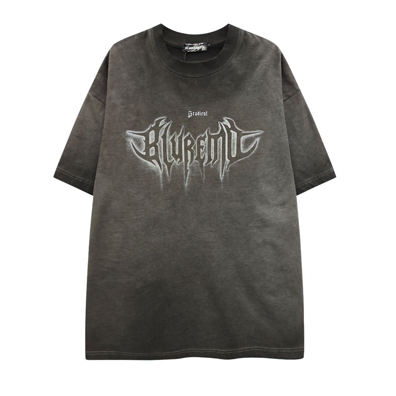 American High Street Washed Distressed Letter Print T-Shirt - Oversized Unisex Pure Cotton Short Sleeve Tee