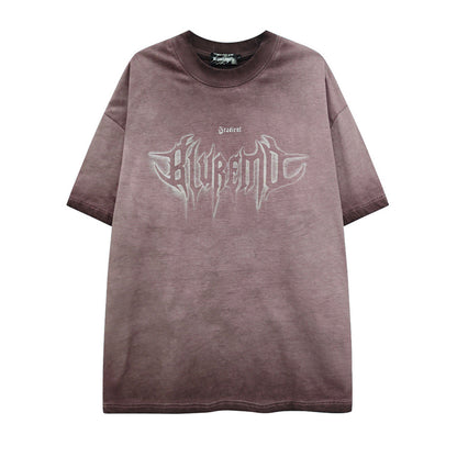 American High Street Washed Distressed Letter Print T-Shirt - Oversized Unisex Pure Cotton Short Sleeve Tee