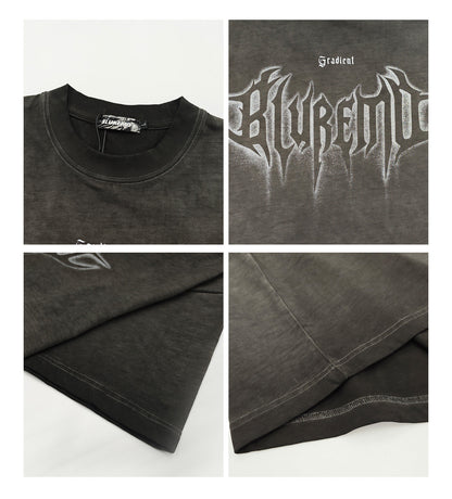 American High Street Washed Distressed Letter Print T-Shirt - Oversized Unisex Pure Cotton Short Sleeve Tee