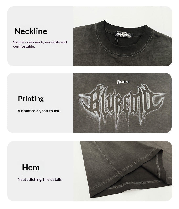 American High Street Washed Distressed Letter Print T-Shirt - Oversized Unisex Pure Cotton Short Sleeve Tee
