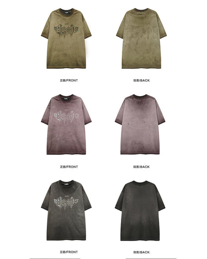 American High Street Washed Distressed Letter Print T-Shirt - Oversized Unisex Pure Cotton Short Sleeve Tee