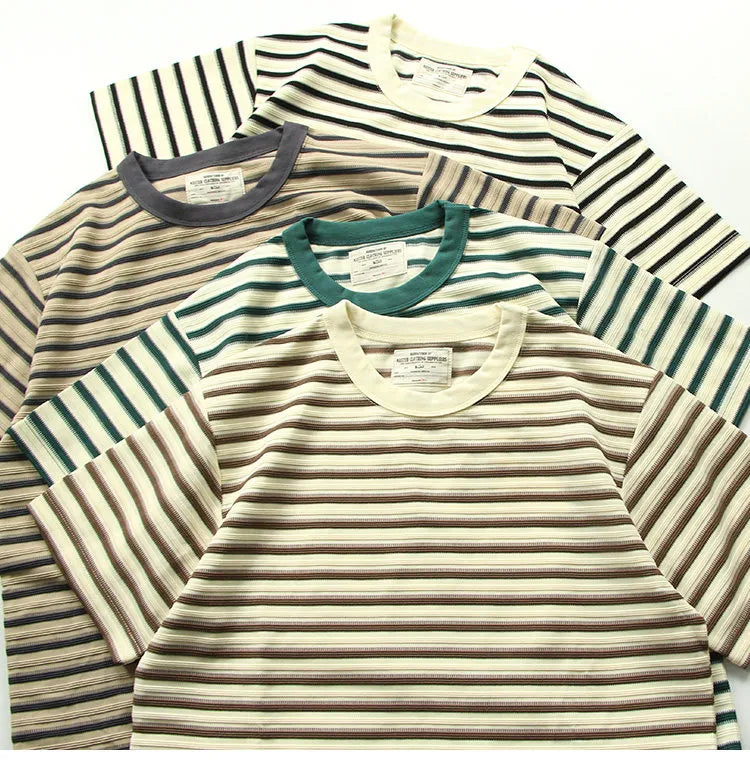American retro heavy jacquard stripe short sleeve male Ami Ka drape contrast loose crew neck casual T-shirt tide | Japanese vintage | yamalin clothes | Yamalinclothes