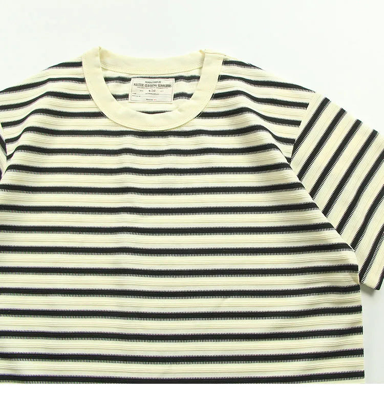 American retro heavy jacquard stripe short sleeve male Ami Ka drape contrast loose crew neck casual T-shirt tide | Japanese vintage | yamalin clothes | Yamalinclothes