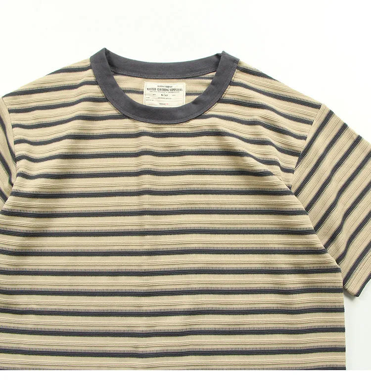 American retro heavy jacquard stripe short sleeve male Ami Ka drape contrast loose crew neck casual T-shirt tide | Japanese vintage | yamalin clothes | Yamalinclothes