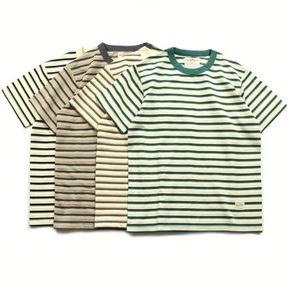 American retro heavy jacquard stripe short sleeve male Ami Ka drape contrast loose crew neck casual T-shirt tide | Japanese vintage | yamalin clothes | Yamalinclothes