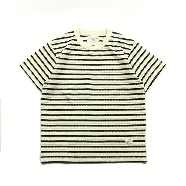 American retro heavy jacquard stripe short sleeve male Ami Ka drape contrast loose crew neck casual T-shirt tide | Japanese vintage | yamalin clothes | Yamalinclothes