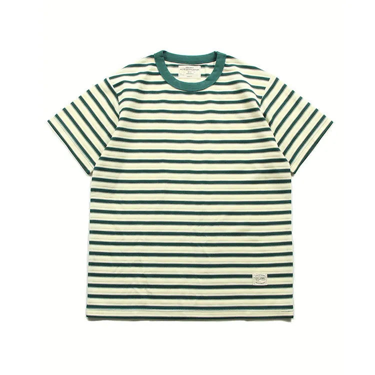 American retro heavy jacquard stripe short sleeve male Ami Ka drape contrast loose crew neck casual T-shirt tide | Japanese vintage | yamalin clothes | Yamalinclothes