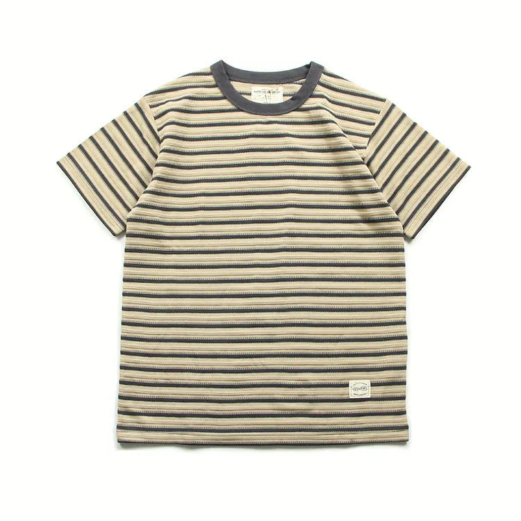 American retro heavy jacquard stripe short sleeve male Ami Ka drape contrast loose crew neck casual T-shirt tide | Japanese vintage | yamalin clothes | Yamalinclothes