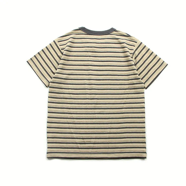 American retro heavy jacquard stripe short sleeve male Ami Ka drape contrast loose crew neck casual T-shirt tide | Japanese vintage | yamalin clothes | Yamalinclothes