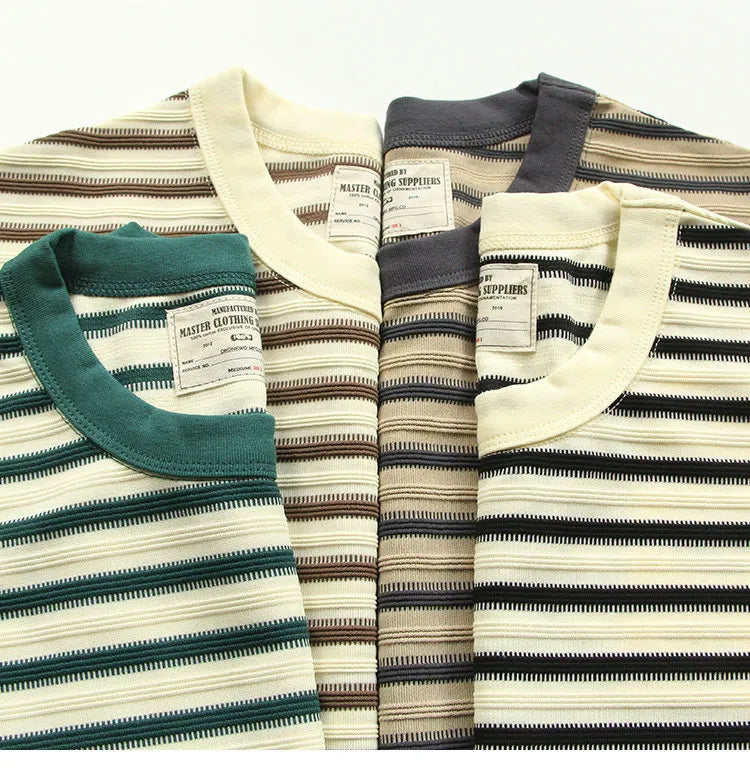 American retro heavy jacquard stripe short sleeve male Ami Ka drape contrast loose crew neck casual T-shirt tide | Japanese vintage | yamalin clothes | Yamalinclothes
