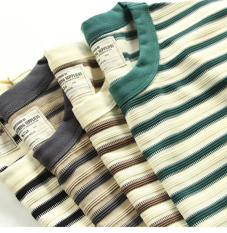 American retro heavy jacquard stripe short sleeve male Ami Ka drape contrast loose crew neck casual T-shirt tide | Japanese vintage | yamalin clothes | Yamalinclothes