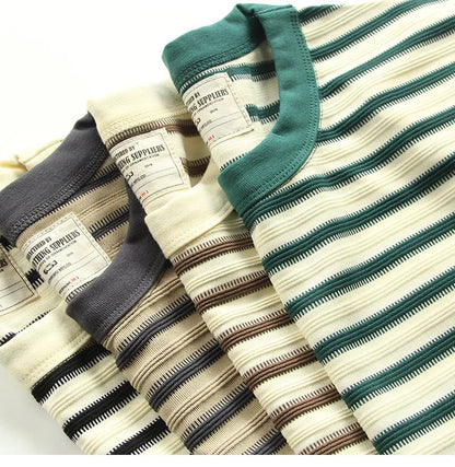 American retro heavy jacquard stripe short sleeve male Ami Ka drape contrast loose crew neck casual T-shirt tide | Japanese vintage | yamalin clothes | Yamalinclothes