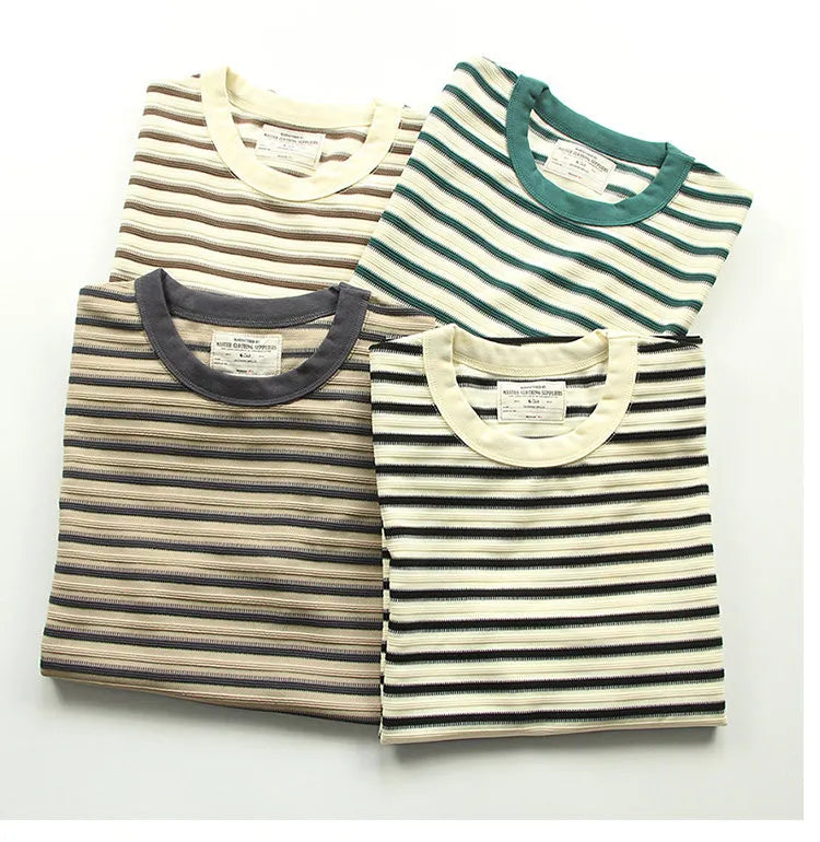 American retro heavy jacquard stripe short sleeve male Ami Ka drape contrast loose crew neck casual T-shirt tide | Japanese vintage | yamalin clothes | Yamalinclothes