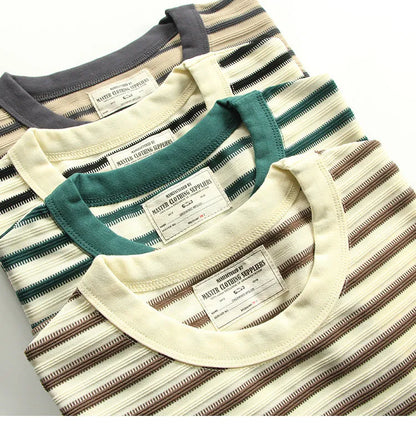 American retro heavy jacquard stripe short sleeve male Ami Ka drape contrast loose crew neck casual T-shirt tide | Japanese vintage | yamalin clothes | Yamalinclothes