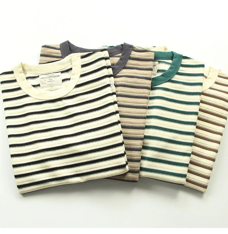 American retro heavy jacquard stripe short sleeve male Ami Ka drape contrast loose crew neck casual T-shirt tide | Japanese vintage | yamalin clothes | Yamalinclothes