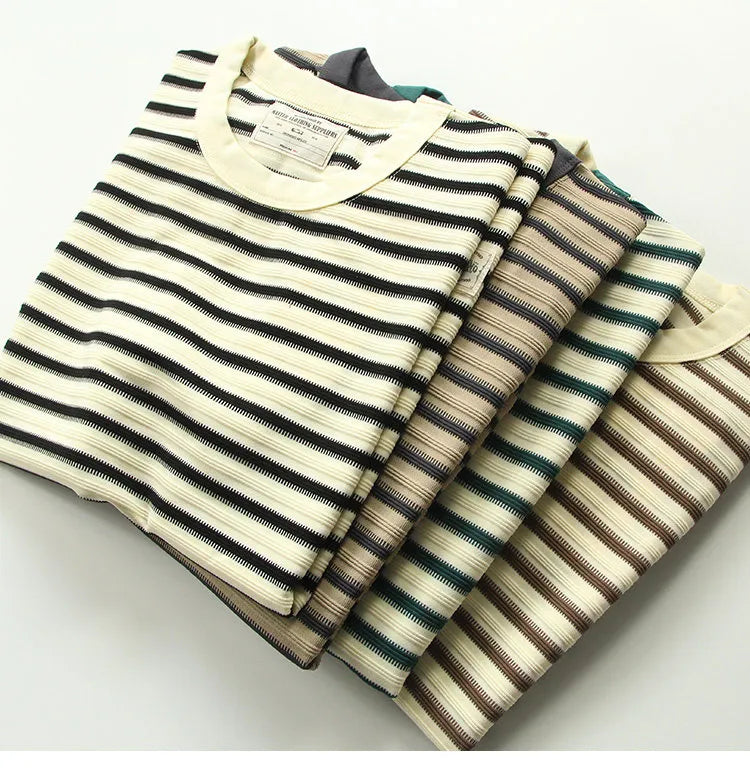 American retro heavy jacquard stripe short sleeve male Ami Ka drape contrast loose crew neck casual T-shirt tide | Japanese vintage | yamalin clothes | Yamalinclothes