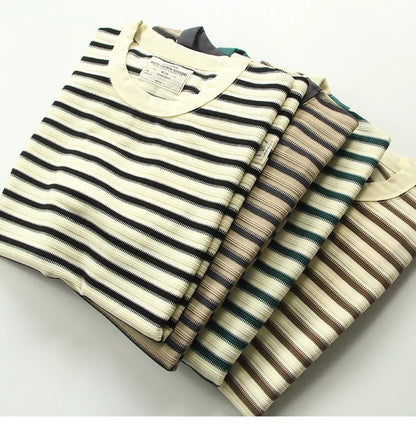 American retro heavy jacquard stripe short sleeve male Ami Ka drape contrast loose crew neck casual T-shirt tide | Japanese vintage | yamalin clothes | Yamalinclothes