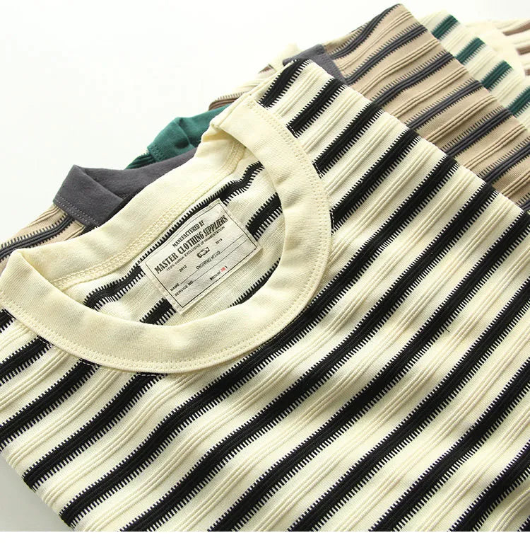 American retro heavy jacquard stripe short sleeve male Ami Ka drape contrast loose crew neck casual T-shirt tide | Japanese vintage | yamalin clothes | Yamalinclothes