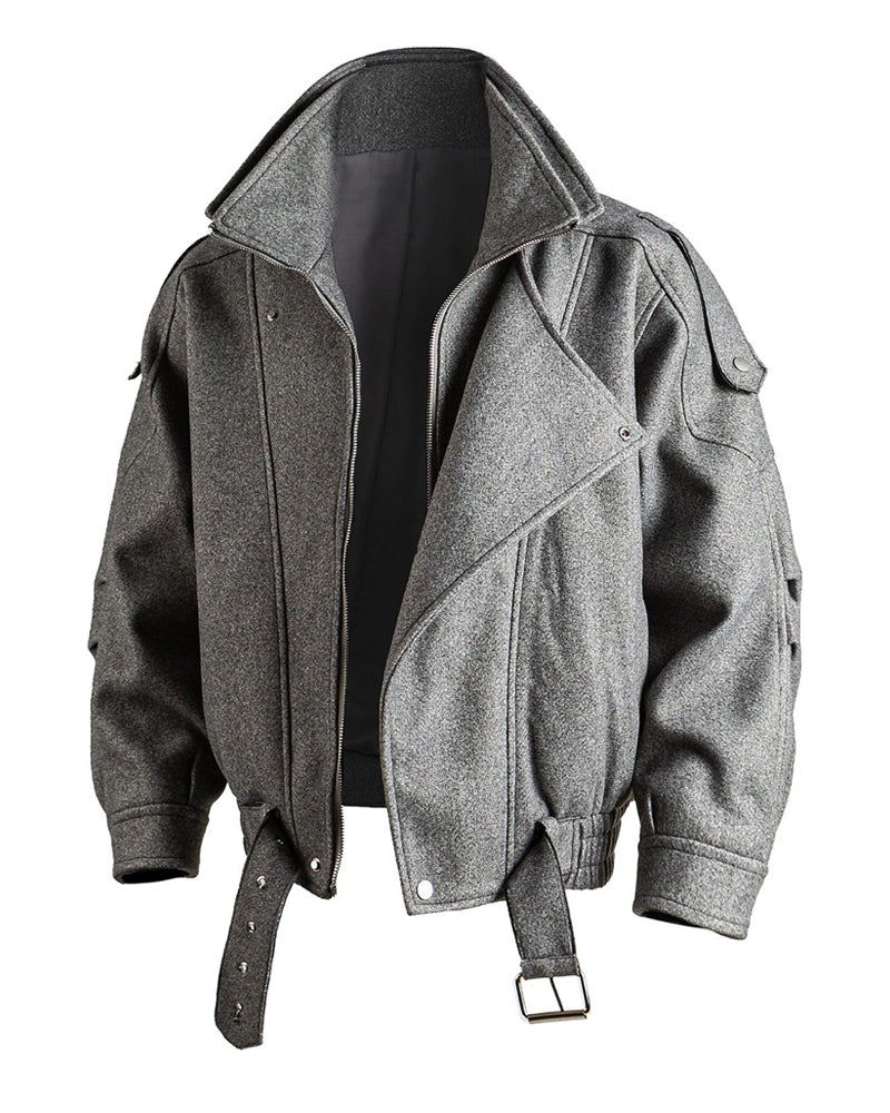 American Retro Wool Lapel Motorcycle Jacket - Cropped Unisex Autumn Winter Coat