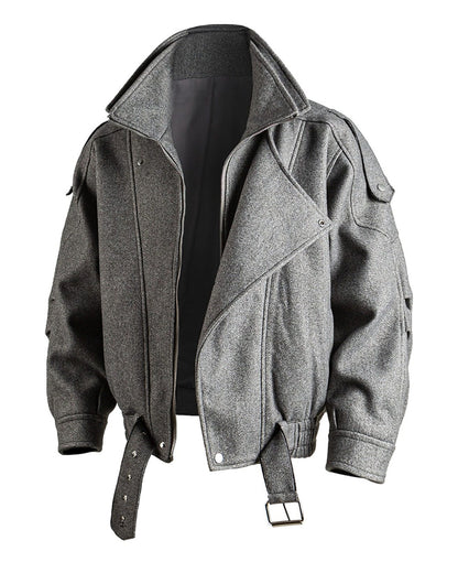 American Retro Wool Lapel Motorcycle Jacket - Cropped Unisex Autumn Winter Coat