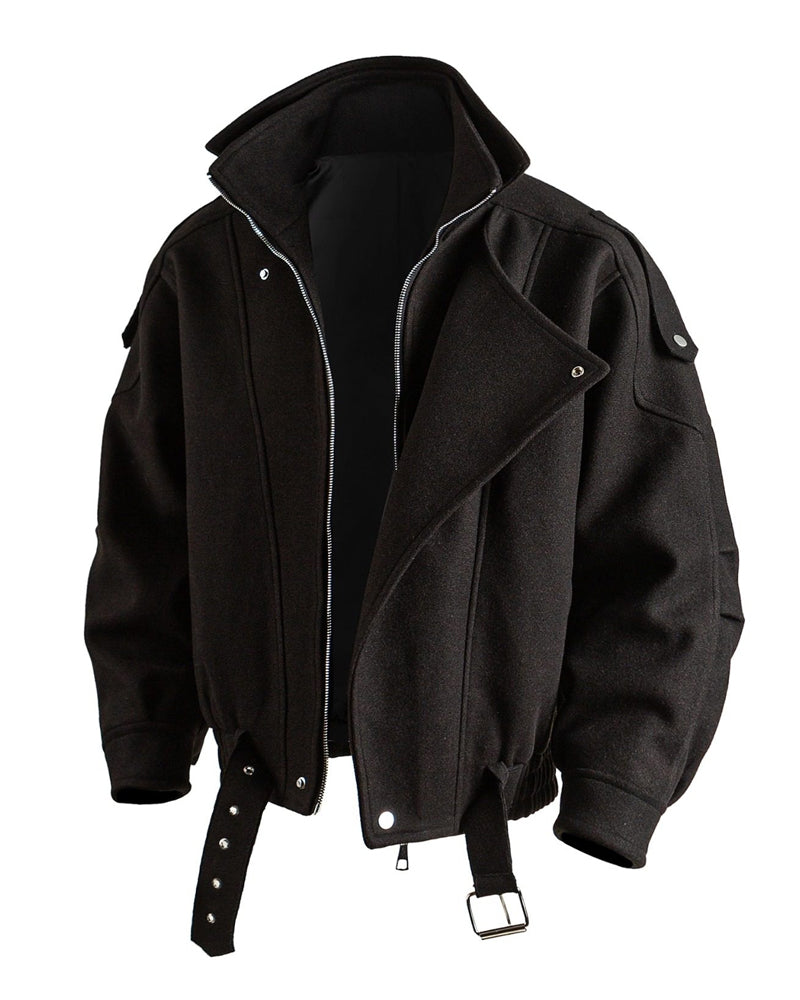 American Retro Wool Lapel Motorcycle Jacket - Cropped Unisex Autumn Winter Coat